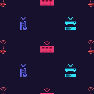 Kablosuz TV alıcısını, akıllı termometreyi, klavyeyi ve yönlendiriciyi ve kablosuz sinyale ayarlayın. Vektör