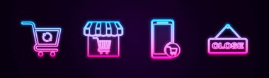 Market arabası, Mobil ve Asılma İşareti Kapalı olsun. Parlayan neon ikonu. Vektör