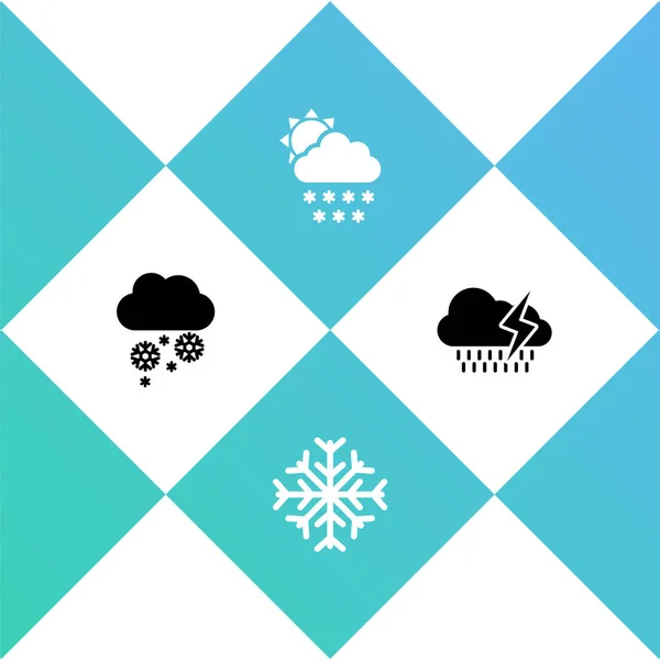 Definir nuvem com neve, floco de neve, sol e chuva ícone relâmpago. Vetor —  Vetores de Stock