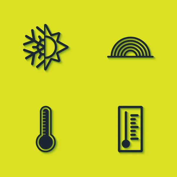Coucher de soleil et flocons de neige, thermomètre météorologique et icône arc-en-ciel. Vecteur — Image vectorielle