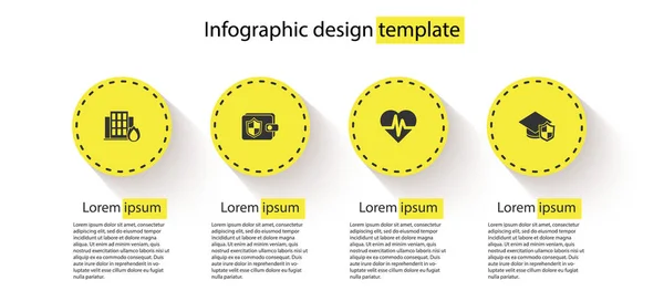 Incêndio na casa em chamas, Carteira com escudo, Seguro de saúde e boné de graduação. Modelo de infográfico de negócios. Vetor — Vetor de Stock