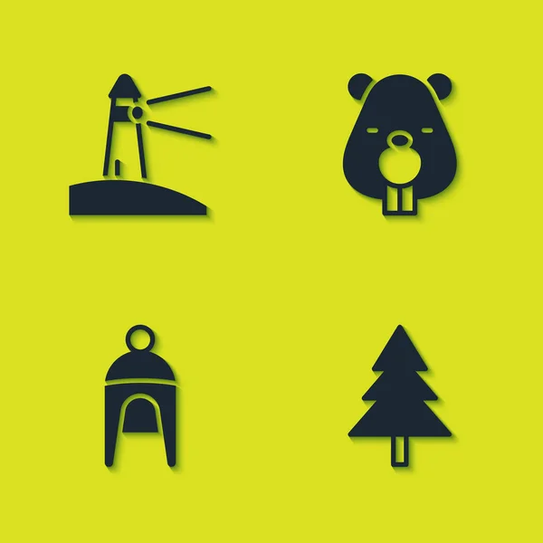 Zestaw Latarnia morska, choinka, czapka zimowa i ikona zwierząt Beaver. Wektor — Wektor stockowy