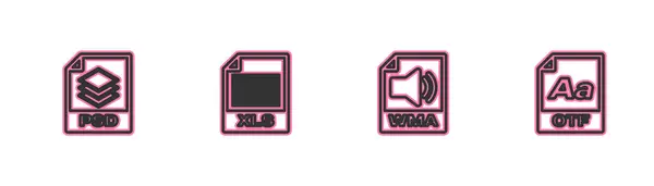 Establecer documento de archivo PSD de línea, WMA, XLS y OTF icono. Vector — Archivo Imágenes Vectoriales