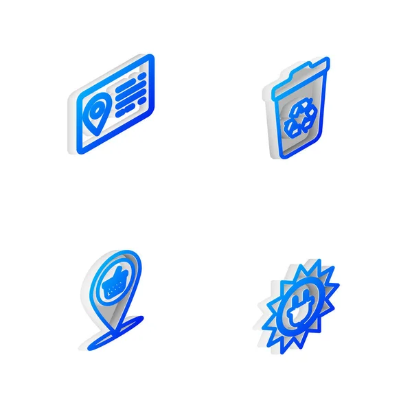 Set Isometric line Corbeille avec recyclage, carnet d'adresses, panier d'achat Emplacement et icône panneau d'énergie solaire. Vecteur — Image vectorielle