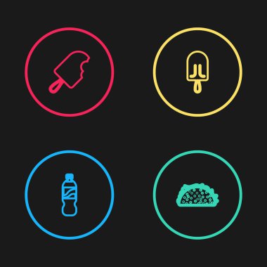 Bir şişe su, tortilla, dondurma ve ikonlu taco. Vektör