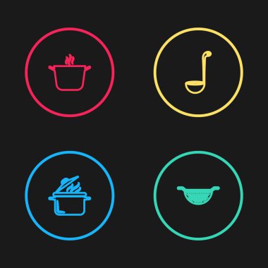 Yemek pişirme kabı, mutfak kevaşesi, kepçe ve ikon. Vektör