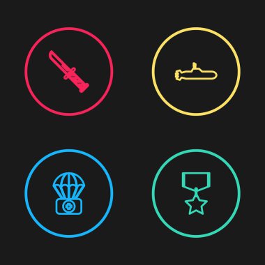 İlk yardım çantasıyla paraşüt hattı, askeri ödül madalyası, denizaltı ve bıçak ikonu. Vektör