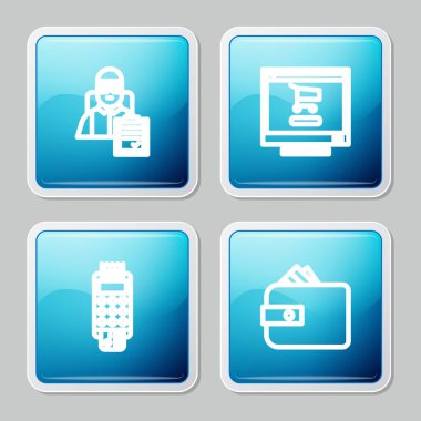 Karton kutularla teslimatçı, bilgisayarla alışveriş arabası, POS terminal kredisi ve cüzdan kağıdı para ikonu. Vektör