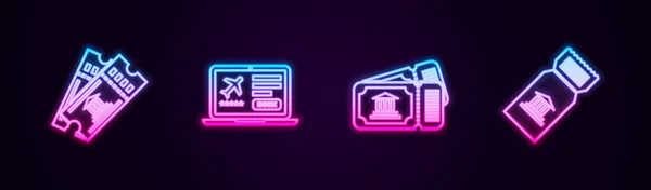 Ustaw linię bilet do muzeum, Laptop z, i. Świecąca neonowa ikona. Wektor — Wektor stockowy