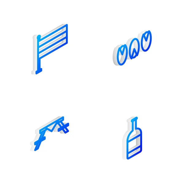 Set Isometrische Linie Pistazienkerne, Deutschlandfahne, Picknicktisch mit Bänken und Bierflaschensymbol. Vektor — Stockvektor