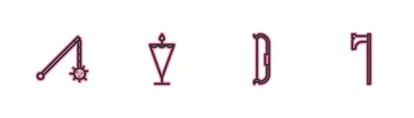 Establecer línea medieval encadenada bola de maza, arco, bandera y hacha icono. Vector — Vector de stock