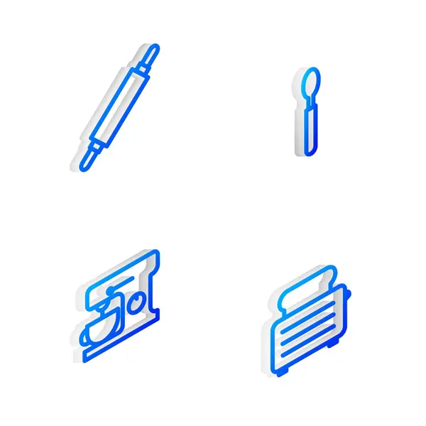 Set Isometric line Spoon, Rolling pin, Electric mixer and Toaster with toasts icon. Vector — Stock Vector