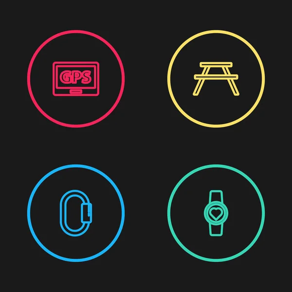 Set Line Karabiner, Smart Watch mit Herzschlaganzeige, Picknicktisch mit Bänken und GPS-Kartensymbol. Vektor — Stockvektor
