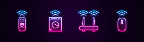 Hattı ayarlayın Akıllı uzaktan kumanda, çamaşır makinesi, Router ve kablosuz fare. Parlayan neon ikonu. Vektör — Stok Vektör