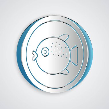 Kağıt, gri arka planda izole edilmiş bir tabak ikonunda kirpi balığı kesiyor. Fugu balığı Japon kirpi balığı. Kağıt sanatı tarzı. Vektör.