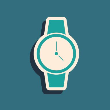 Yeşil Kol saat simgesi yeşil arka planda izole. Kol saati simgesi. Uzun gölge tarzı. Vektör