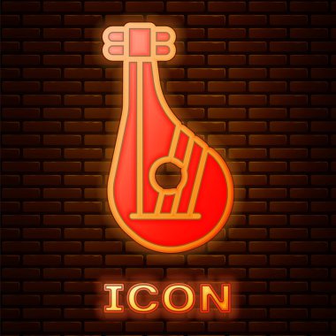 Parlayan neon renkli Ukrayna geleneksel müzik enstrümanı bandura simgesi tuğla duvar arkasında izole edilmiş. Vektör