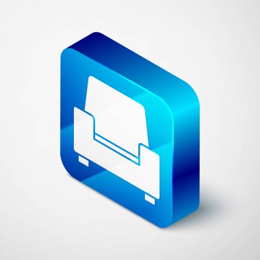 Gri arkaplanda Isometric Armseat simgesi izole edildi. Mavi kare düğme. Vektör