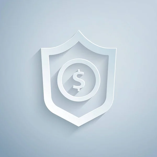 Paper cut Shield med dollar symbol ikon isolerad på grå bakgrund. Skydd av sköldar. Pengar säkerhet koncept. Papperskonst. Vektor. — Stock vektor