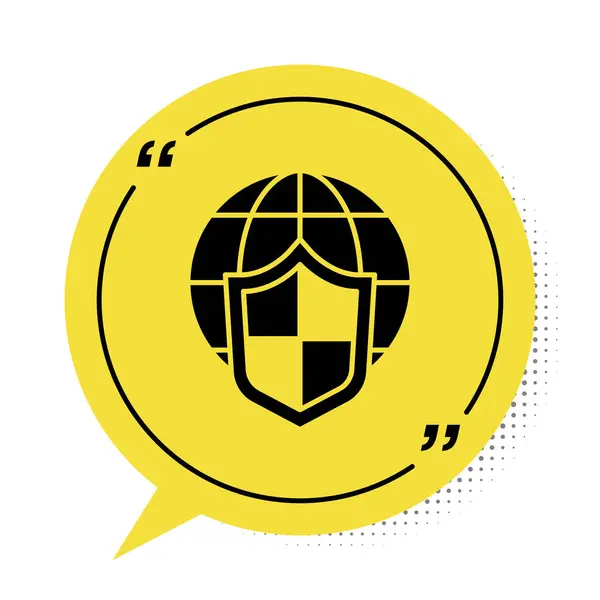 Escudo negro con icono del globo terráqueo aislado sobre fondo blanco. Concepto de seguro. Seguridad, seguridad, protección, concepto de privacidad. Símbolo amarillo de burbuja. Vector. — Vector de stock