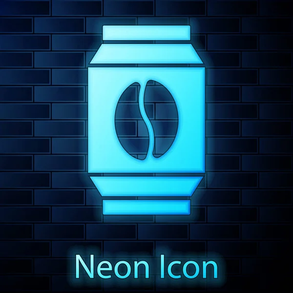 Leuchtende Neon-Tasche mit Kaffeebohnen-Symbol isoliert auf Backsteinwand Hintergrund. Vektor — Stockvektor