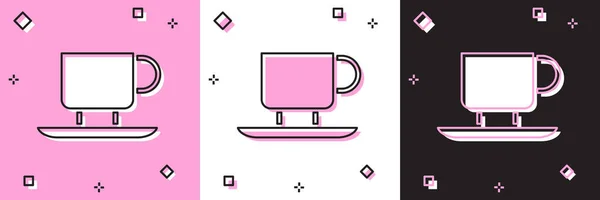 ตั้งค่าไอคอนถ้วยกาแฟที่แยกจากพื้นหลังสีชมพูและสีขาวและสีดํา ถ้วยชา กาแฟร้อนค่ะ เวกเตอร์ — ภาพเวกเตอร์สต็อก