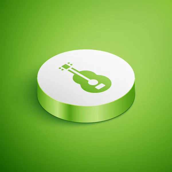 Isometrisches spanisches Gitarrensymbol isoliert auf grünem Hintergrund. Akustische Gitarre. Saiteninstrument. Weißer Kreis-Knopf. Vektor — Stockvektor