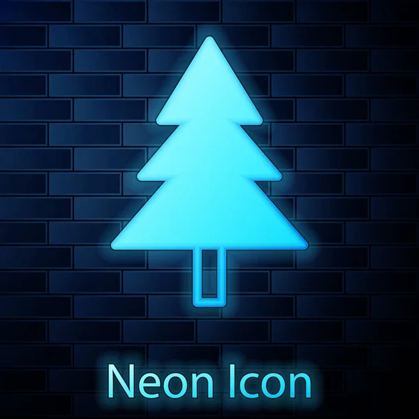 Leuchtende Neon-Weihnachtsbaum-Ikone isoliert auf Backsteinmauer Hintergrund. Frohe Weihnachten und ein gutes neues Jahr. Vektor — Stockvektor