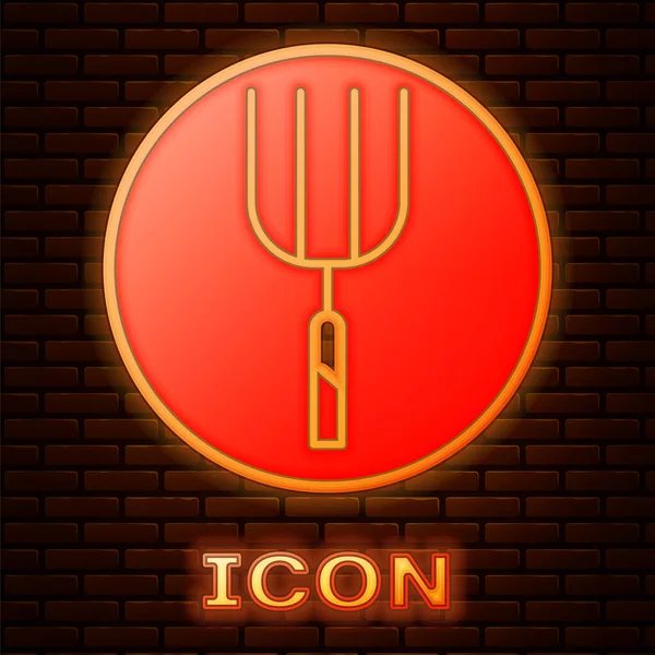 Glowing neon Garden pitchfork icon isolated on brick wall background. Garden fork sign. Tool for horticulture, agriculture, farming. Vector — Stock Vector