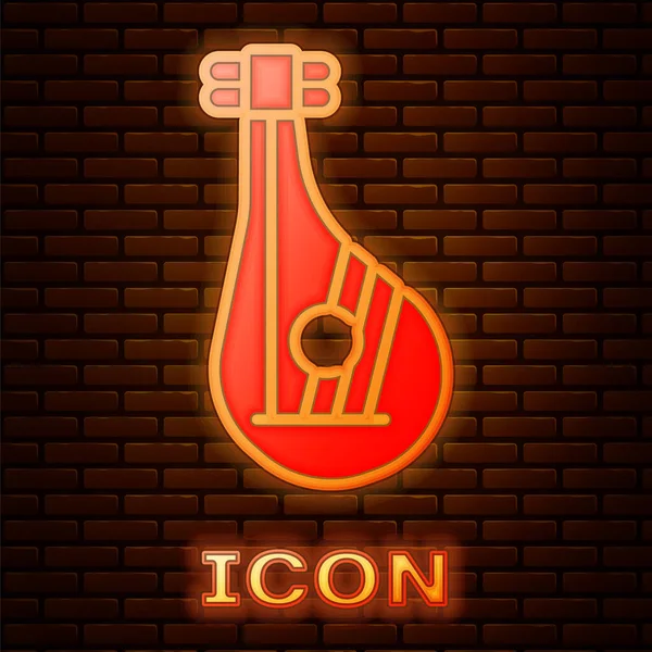 Brillante neón ucraniano instrumento musical tradicional bandura icono aislado en el fondo de la pared de ladrillo. Vector — Vector de stock