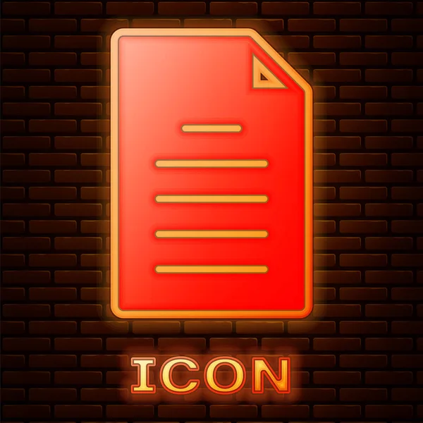 Illumina l'icona del documento del neon File isolato su sfondo muro di mattoni. Icona della lista di controllo. Concetto aziendale. Vettore — Vettoriale Stock