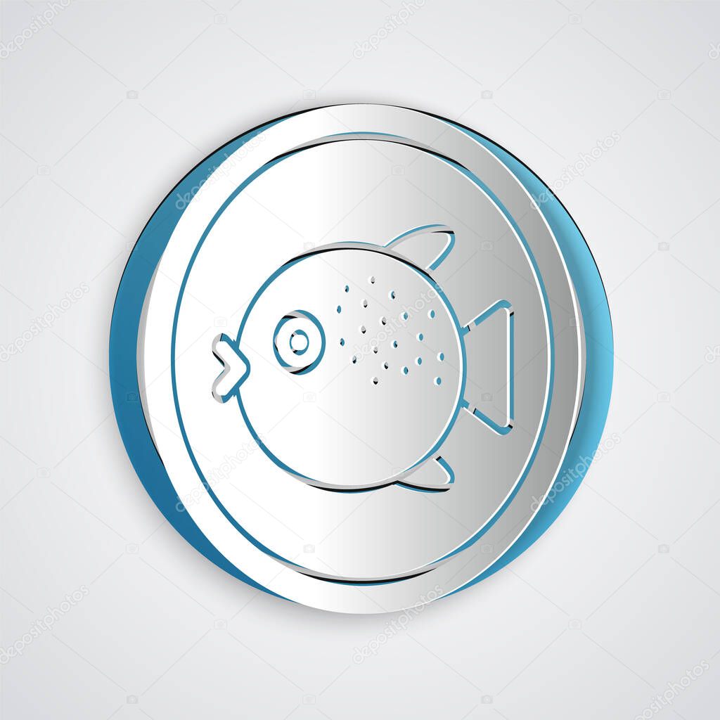 Paper cut Puffer fish on a plate icon isolated on grey background. Fugu fish japanese puffer fish. Paper art style. Vector.