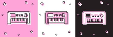 Müzik sentezleyici simgesini pembe, beyaz ve siyah arkaplanda izole et. Elektronik piyano. Vektör