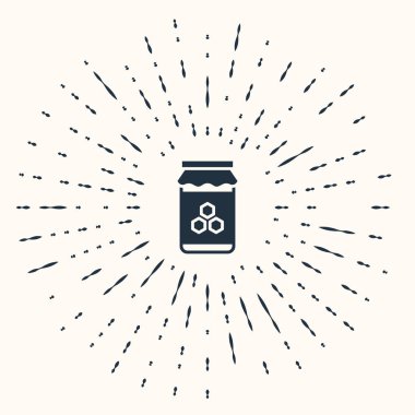 Bal ikonunun gri kavanozu bej arka planda izole edilmiş. Yiyecek bankası. Tatlı doğal gıda sembolü. Soyut çember rastgele noktalar. Vektör