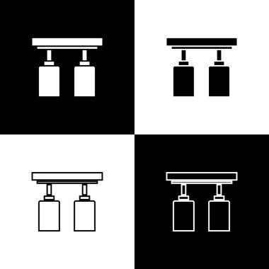 Led ray ışıkları ve lambaları siyah ve beyaz arka planda izole edilmiş spot ışıkları ikonu ile ayarla. Vektör