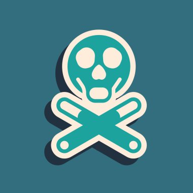 Yeşil Kemikler ve Kafatası, yeşil arka planda izole edilmiş toksik uyarı simgesi. Uzun gölge tarzı. Vektör