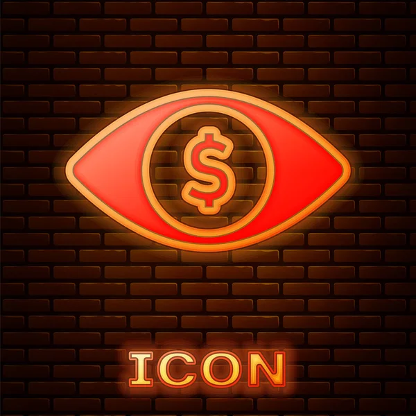 Gloeiende neon Eye met dollarpictogram geïsoleerd op bakstenen muur achtergrond. Vector — Stockvector