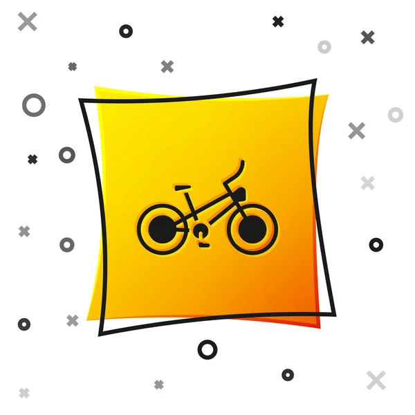 Svart cykel ikon isolerad på vit bakgrund. Cykeltävling. Extrem sport. Sportutrustning. Gult fyrkantigt knapp. Vektor — Stock vektor