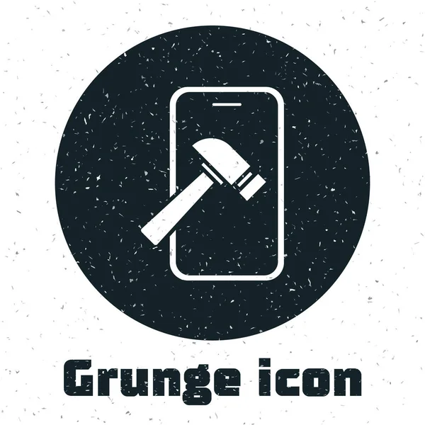 Grunge-Smartphone mit kaputtem Bildschirm-Symbol auf weißem Hintergrund. Zertrümmertes Handy-Bildschirmsymbol. Monochrome Vintage-Zeichnung. Vektor — Stockvektor