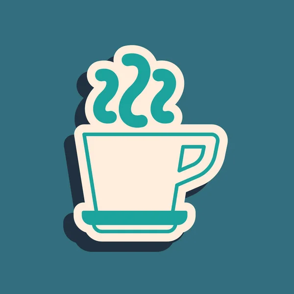 Icono de taza de café verde aislado sobre fondo verde. Taza de té. Café caliente. Estilo de sombra larga. Vector — Vector de stock