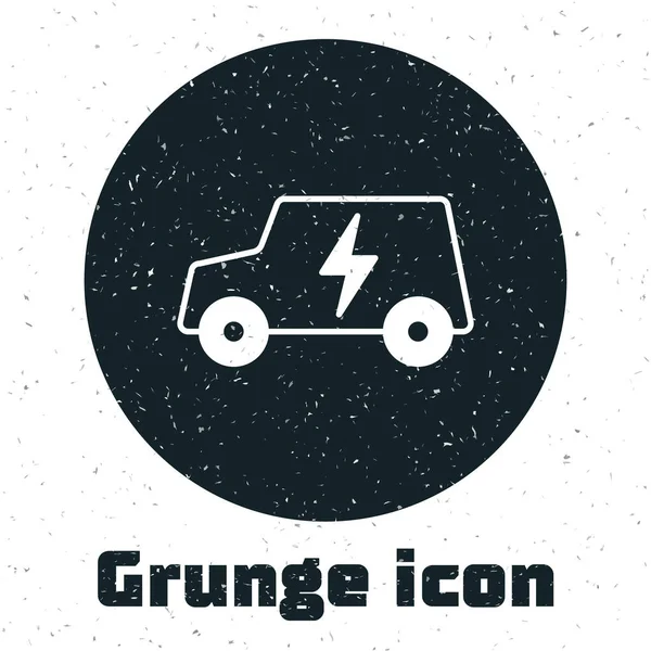 Grunge Icône de charge pour voiture électrique et fiche de câble électrique isolée sur fond blanc. Technologies écologiques renouvelables. Dessin vintage monochrome. Vecteur — Image vectorielle