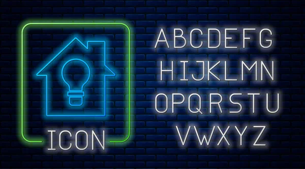 Gloeiende neon Slim huis en gloeilamp pictogram geïsoleerd op baksteen muur achtergrond. Neon licht alfabet. Vector — Stockvector