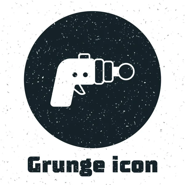 Grunge Ray Pistole Ikone isoliert auf weißem Hintergrund. Laserwaffe. Weltraumschrott. Monochrome Vintage-Zeichnung. Vektor — Stockvektor