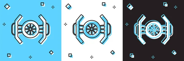 Ställ Cosmic ship ikon isolerad på blå och vit, svart bakgrund. Vektor — Stock vektor