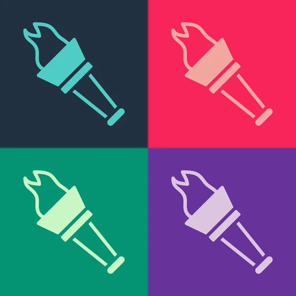 Pop art Icono de llama de la antorcha aislado en el fondo de color. Símbolo fuego caliente, poder de llama, llama y calor. Vector — Archivo Imágenes Vectoriales