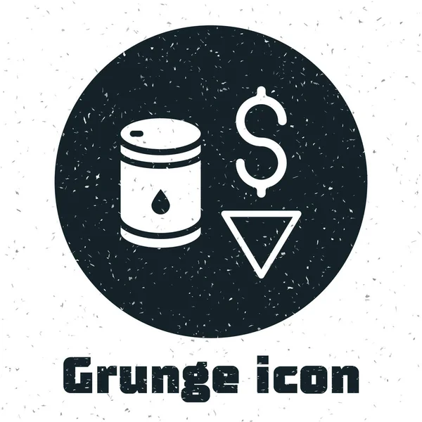 Grunge Drop in Rohölpreis Symbol isoliert auf weißem Hintergrund. Krisenkonzept der Ölindustrie. Monochrome Vintage-Zeichnung. Vektor — Stockvektor