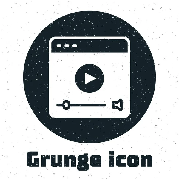 Grunge Online play video icon isolated on white background. Film strip with play sign. Monochrome vintage drawing. Vector — Stock Vector