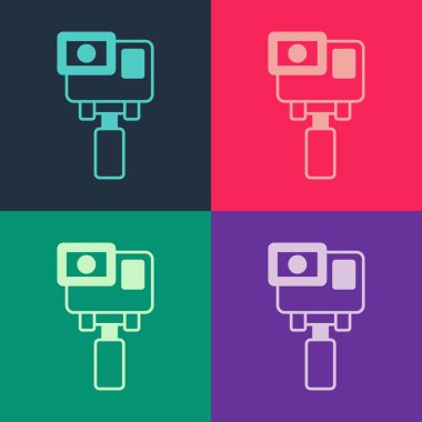 Pop Art Action ekstrem kamera simgesi renk arkaplanında izole edildi. Ekstrem sporları çekmek için video kamera ekipmanı. Vektör