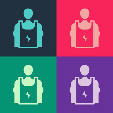 Pop sanat vücut geliştiricisi renk arkaplanında izole edilmiş kas simgesini gösteriyor. Formda kalmak, güçlü sağlık hobisi kavramı. Vektör