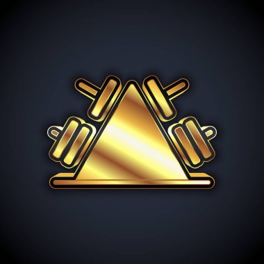 Halter simgesi için ilave ağırlıkları olan altın metal askı siyah arka planda izole edilmiş. Vücut geliştirme, fitness, spor, sağlıklı yaşam tarzı konsepti. Vektör